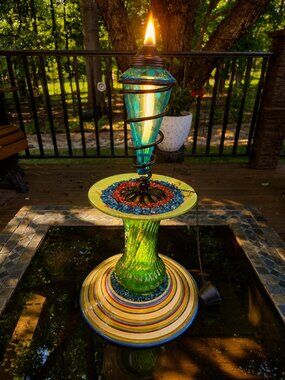 Upcycled Blue Green Tiki Torch Crushed Glass Accents